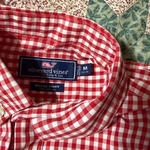 Red and white boys button down shirt